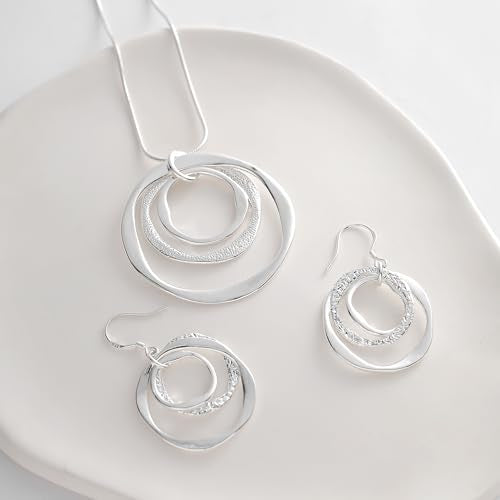 3 Circles Silver Hoop Earrings Necklace Set for Women Geometric Jewelry Set | 925 Silver Hypoallergenic Small Hoop Circle Geometry Textured Finish Minimalist Style Comfortable Wear - style: Silver