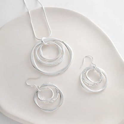 3 Circles Silver Hoop Earrings Necklace Set for Women Geometric Jewelry Set | 925 Silver Hypoallergenic Small Hoop Circle Geometry Textured Finish Minimalist Style Comfortable Wear - style: Silver