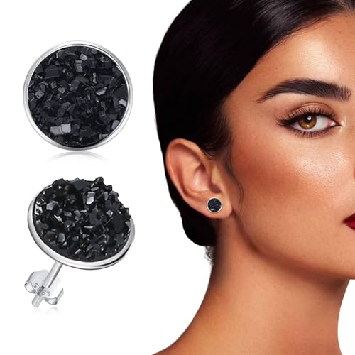 Silver-tone Faux Druzy Stud Earrings，925 Sterling Silver Hypoallergenic Natural Gemstone Earrings for Women Trendy Fashion - color: Black