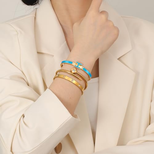 3Pcs Gold Bracelets for Women 14K Gold Plated Love/H/Nail Bangle Bracelet Dainty Non Tarnish Bracelet Jewelry Christmas Mothers Day Gifts for Women - color: 3Pcs Gold/Blue H bracelet