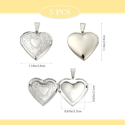 5-6Pcs Heart Locket Charms for Jewelry Making Stainless Steel Photo Charms for Necklaces Bracelets Earring Keychains DIY Supplies - color: Silver