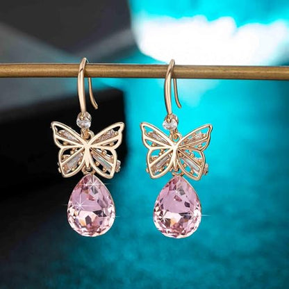 Austrian Crystal Teardrop Butterfly Drop Dangle Earrings for Women 14K Rose Gold Plated Hypoallergenic Jewelry - color: Pink