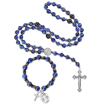 Rosary for Men Women, Natural Stone Beads with St. Benedict Bracelet | 8 mm Natural Stone Prayer Beads with 10 mm Accent Beads, St. Benedict Crucifix, Matching Bracelet, Gift Box and Pouch. - color: Lapis Lazuli