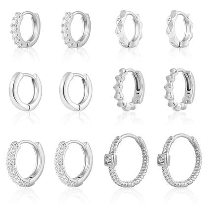 Wgoud Small Gold Hoop Earrings Set for Women, 6 Pairs 14K Gold Plated Hypoallergenic Lightweight Huggie Hoops Earrings, Trendy Cartilage Cubic Zirconia Earrings for Women Gifts. - color: B-Silver