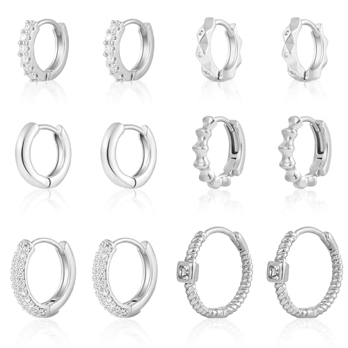 Wgoud Small Gold Hoop Earrings Set for Women, 6 Pairs 14K Gold Plated Hypoallergenic Lightweight Huggie Hoops Earrings, Trendy Cartilage Cubic Zirconia Earrings for Women Gifts. - color: B-Silver