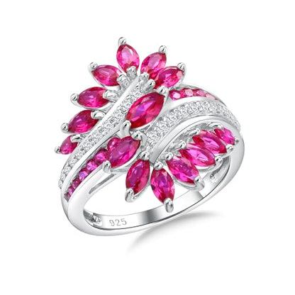 Statement Flower Ring Cocktail Leaf Ring Birthstone Anniversary Signet Ring | Hypoallergenic|14K Gold Plated|Sterling Silver Sparkling Engagement Promise Party Ring for Women, Size 6 to 10(With Box) - color: Leaf -White Gold Ruby