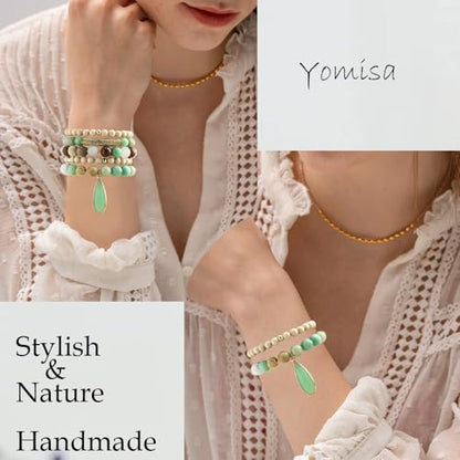 Yomisa Boho Beaded Bracelets/Bangle for Women,Multilayer 5/6/7PCS Healing Natural Handmade Stone Bead Bracelets Stackable Stretch Friendship Beaded Bracelet Set Trendy Western Bohemian Jewelry Gift - color: 5pcs-Beige&green