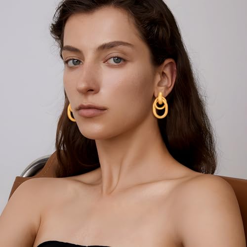 Gold Chunky Earrings for Women Geometric Knot Link Drop Dangle Earrings 14K Gold Plated Statement Earrings Trendy Gold Jewelry - color: Style 1-Matte Gold
