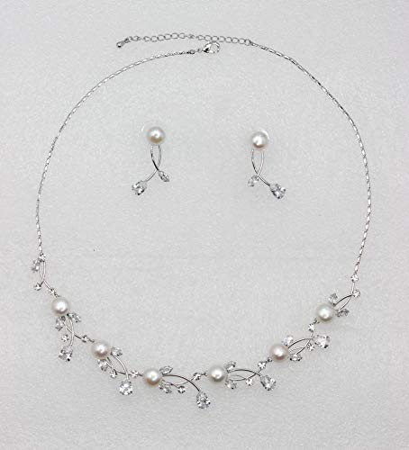 Faship Genuine 10mm Freshwater Pearls Floral Necklace Earrings Set | Premium CZ Crystal, Gorgeous, Sparkling - color: Clear