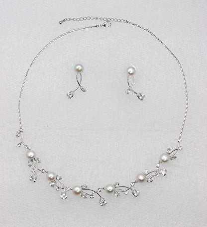 Faship Genuine 10mm Freshwater Pearls Floral Necklace Earrings Set | Premium CZ Crystal, Gorgeous, Sparkling - color: Clear