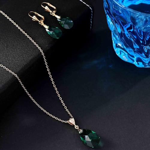 Austrian Crystals Teardrop Pendant Necklace Earrings for Women 14K Gold Plated Hypoallergenic Leverback Drop Dangle Earrings Jewelry Set - color: Emerald