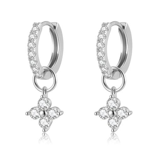 DAILY VIBES Cute Butterfly Star Cross Heart CZ Dangle Earrings for Women | 925 Sterling Silver Post, 14K Gold or Silver Plated, Mini Cubic Zirconia Dainty Drop, Cartilage Small Huggie Hoop Earrings - color: Silver Four Stones