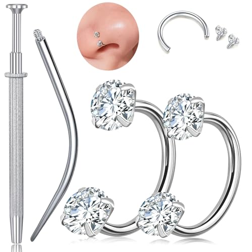 G23 Titanium Horseshoe Nose Ring 20G, 2 Pcs Double Gem Nose Ring for Women, 6mm 7mm 8mm Hypoallergenic Horseshoe Nose Rings Helix Tragus Earring Hoops Labret Lip Piercing Jewelry Small Septum Rings - color: 20G-6mm+8mm-2 Pcs Silver-White CZ