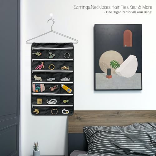 Bloss Hanging Jewelry Organizer, Black Earring Travel Storage Holder with 36 Zippered Pockets for Suitcase, Closet, Foldable Roll Case - color: Black - zipper