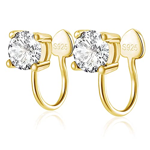 Cubic Zirconia Ear Cuffs - Sterling Silver Hypoallergenic Non-Piercing Cartilage Earrings CZ Clip on Earrings Round Crystal Stud Earrings for Women Girls 6mm - color: Gold