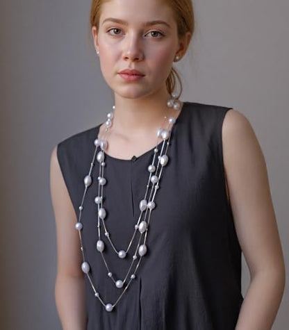 Errally Long Pearl Necklace and Earring Set Layered Pearl Beaded Necklaces for Women White Costume Jewelry Sets Gifts for Mom - color: Faceted Oval
