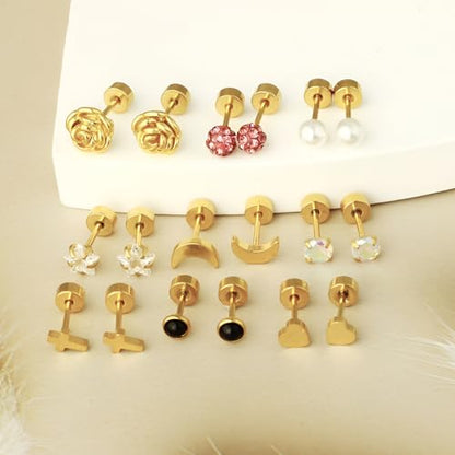 Stainless Steel Stud Earring 1 Pair Gold Flatback Earrings Hypoallergenic Screwback Jewellery Flat Back Helix Jewelry for Sensitive Ears Women Ladies Aretes De Mujer - style: 3-Ball