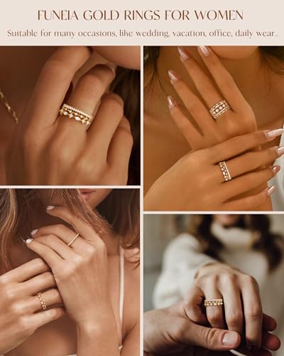 FUNEIA Stackable Silver Gold Rings for Women Non Tarnish 14K Gold Plated Thumb Cubic Zirconia Rings for Women Dainty Pinky Promise Wedding Ring Set Women's Engagement Eternity Band Rings Gold Jewelry - color: C-Gold Stackable Rings