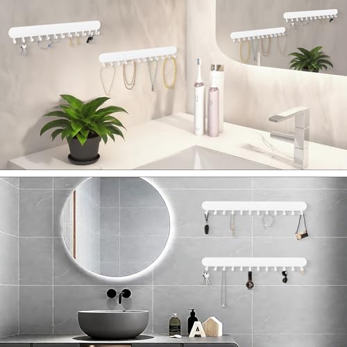 Necklace Holder - Wall Hanging Jewelry Organizer | Self-Adhesive Wall Mounted for Necklaces, Bracelets, 2 Pack, White - color: White-12 Hooks