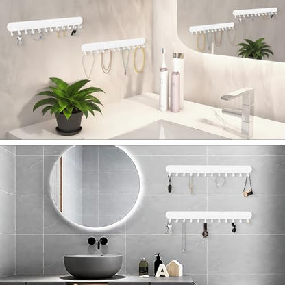 Necklace Holder - Wall Hanging Jewelry Organizer | Self-Adhesive Wall Mounted for Necklaces, Bracelets, 2 Pack, White - color: White-12 Hooks