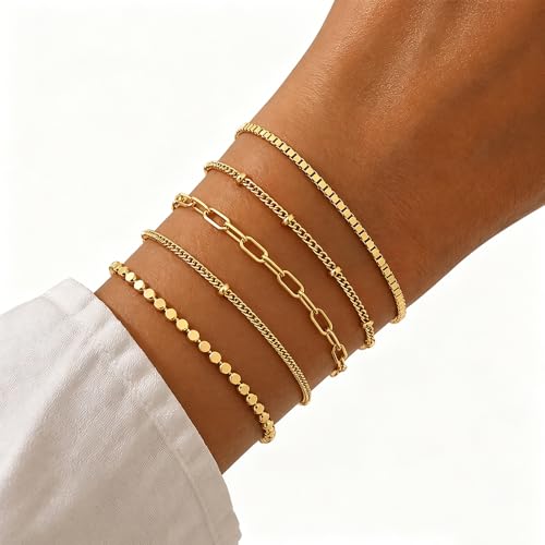 Gold Plated Layered Bracelet Set, Adjustable Paperclip Snake Chain Jewelry for Women - color: Paperclip,Snake,Ball,Wave Twisted Rope,Small Bar