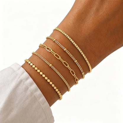 Gold Plated Layered Bracelet Set, Adjustable Paperclip Snake Chain Jewelry for Women - color: Paperclip,Snake,Ball,Wave Twisted Rope,Small Bar