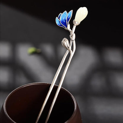 S925 Silver Plated Jingde Blue with Jade Hairpin Chinese Hanfu Style Hair Sticks Retro Handmade Hair Clip for Women Girls Long Hair - color: Lotus Butterfly