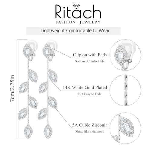Gold/Silver Clip on Earrings Non Pierced for Women - 14K Gold Plated Long Tasse Drop Dangle Clip Earrings - Cubic Zirconia Leaf Earrings for Women Gold Wedding Jewelry Gifts - color: Silver-tone