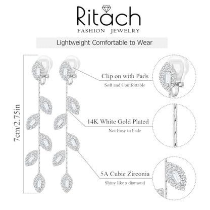 Gold/Silver Clip on Earrings Non Pierced for Women - 14K Gold Plated Long Tasse Drop Dangle Clip Earrings - Cubic Zirconia Leaf Earrings for Women Gold Wedding Jewelry Gifts - color: Silver-tone