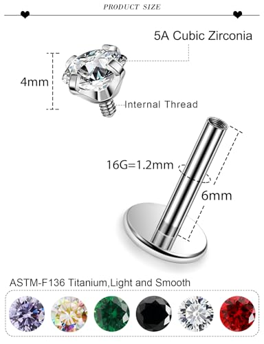 16G ASTM F136 Titanium Surgical Steel Internal Thread Flat Back Studs Earrings Lip Rings Labret Medusa Helix Tragus Cartilage Earring stud Piercing Jewelry for Women Men Silver Black Gold - style: 16g/4mm Mix cz/Titanium 6mm