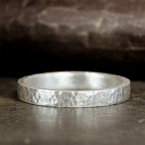 925 Sterling Silver Wedding Ring Hammered Flat Pipe Cut Textured Thick & Durable Handmade Unisex Mens & Women Rustic Engagement Promise Band - US Size 4-13 - Custom Engraving - color: 01 - 3mm Silver
