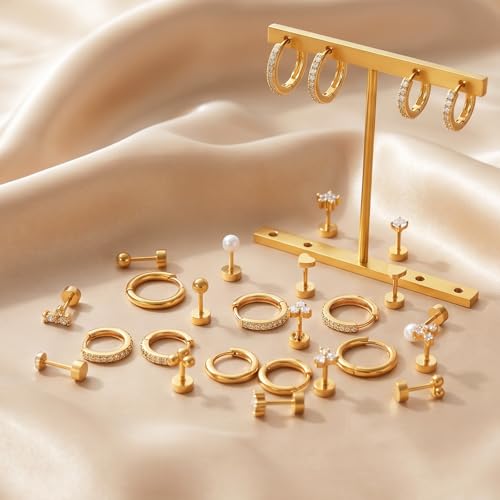 Stainless Steel Stud Earrings Set for Women Hypoallergenic Flat Back Cartilage Earrings Screw Back Huggie Hoop Earrings Multiple Piercing Cubic Zirconia Helix Tragus Jewelry - color: Set-B-14K Gold Plated
