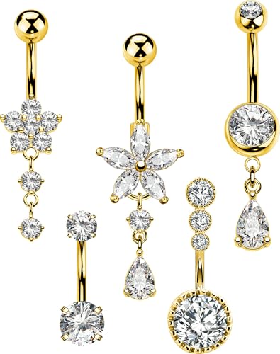5PCS Belly Button Rings for Women Girls, 14G Surgical Steel Navel Rings Set, Gold & Silver CZ Dangle Body Piercing Jewelry - color: Gold-Flower