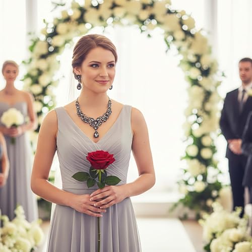 Hicarer Bridal Teardrop Cluster Crystal Jewelry Set for Women Necklace Earrings Wedding - color: Gray Black