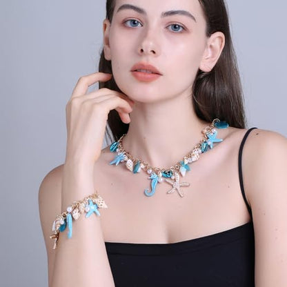 RUOFFETA Shell Starfish Necklace Bracelet Conch Statement Chunky Necklace Mermaid Costume Jewelry Beach Jewelry for Women - style: Bracelet Blue