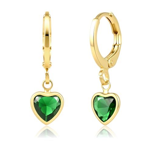 Small Emerald Heart Dangling Huggie Earrings 14K Gold Plated Hoop Earrings for Women Dainty Green Heart Earrings Gift for Mom Girlfriend