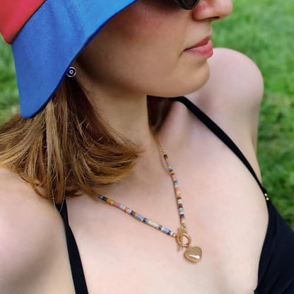 Aobei Pearl 18K Gold Plated Moon Star Lion Evil Eye Love Heart Cross Pendant Necklace Medallion Paperclip Chian Choker Layering Jewery for Women - color: Colorful Beads and 18K Gold Plated Heart