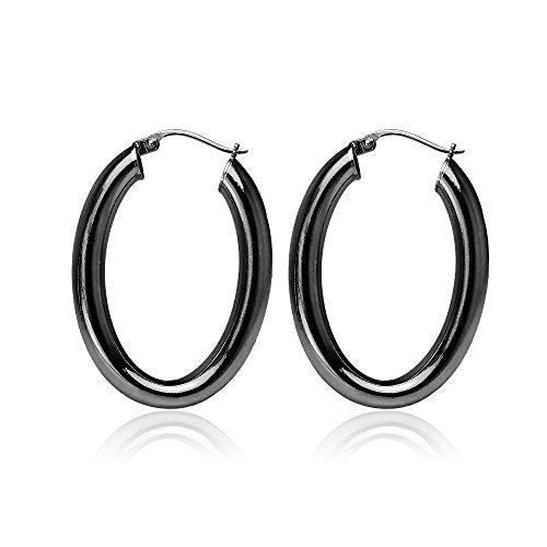 Hoops & Loops 925 Sterling Silver 4.5mm Thick Oval Diamond-Cut Hoop Earrings, 25mm 30mm, Silver, Yellow Gold, Rose Gold & Black - color: Black 25mm-1''