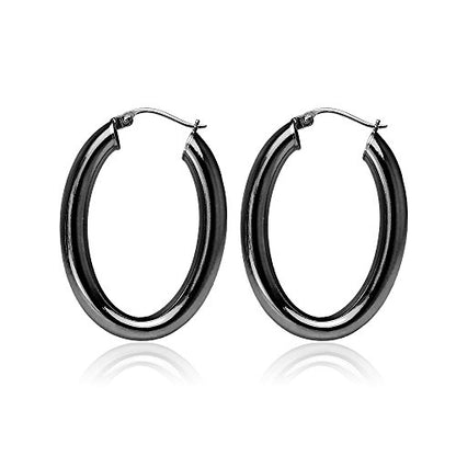 Hoops & Loops 925 Sterling Silver 4.5mm Thick Oval Diamond-Cut Hoop Earrings, 25mm 30mm, Silver, Yellow Gold, Rose Gold & Black - color: Black 25mm-1''