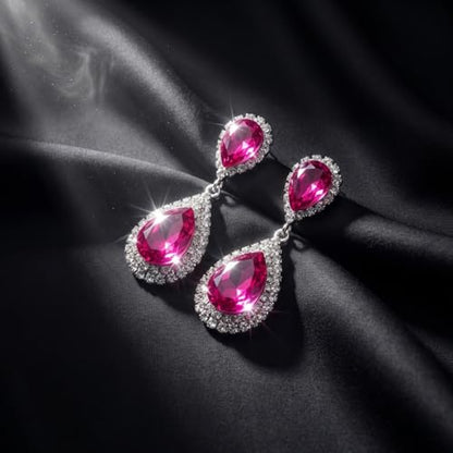 Pink Teardrop Crystal Rhinestone Dangle Earrings for Women | Teardrop crystal design,pink rhinestone dangle,sparkling finish,for bridal wedding formal pageant,elegant women jewelry