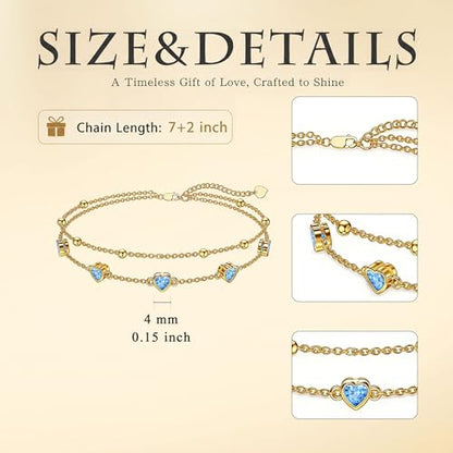 Midari 18K Yellow Gold Gemstone Birthstone Anklet Bracelet Heart Jewelry with 12 Months Birthstone Birthday Gifts for Women Wife Her Daughter Mom - color: 03-Mar-Aquamarine, size: Bracelet 7"-9"