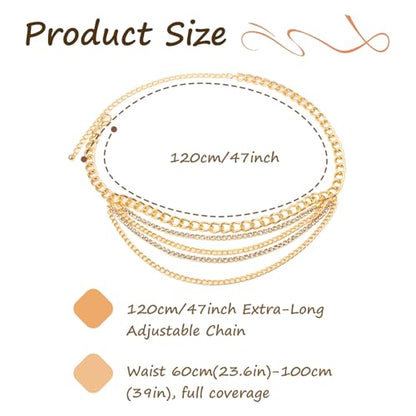 Dimore Women Belts for Dresses Plus Size, Gold Chain Belt Adjustable Waist Chain, Multi Layer Metal Chain Belt for Dresses (Style Gold 02, 150CM(Fit Waist 39-51 in))