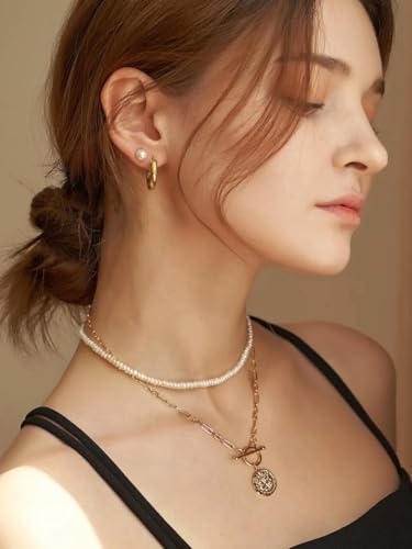 18k Gold Plated Chain Link Necklace for Women, Baroque Pearl/Compass Pendant Necklace - color: Coin Cross