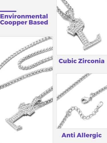 Richsteel Silver Crown Initial A-Z Letter Pendant Necklace for Men Women | Cubic Zirconia Monogram, 316L Steel Chain, 22" + 2" Extender,Hypoallergenic,Gift Box, Hip Hop Jewelry - style: L