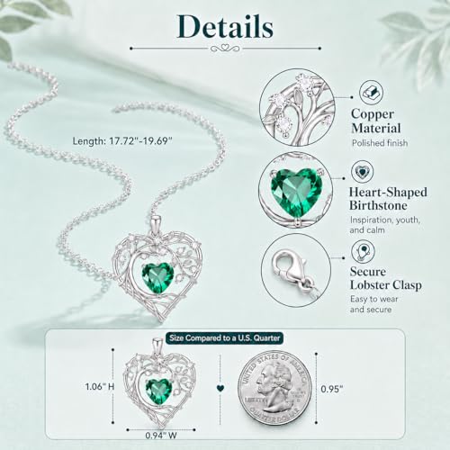 Gamtic Tree of Life Birthstone Pendant Necklace - Heart Cubic Zirconia Diamond Necklace Birth Month Necklaces Birthday Gift for Her Wife Mom Daughter Grandma Girlfriend Anniversary Jewelry Gift - style: May