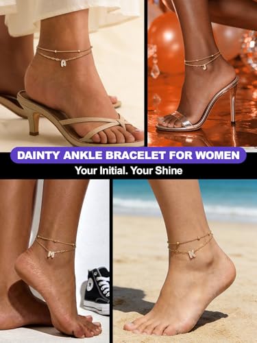 Richsteel Initial Ankle Bracelets for Women Waterproof, 14K Gold Plated/Silver Stainless Steel Anklets, Dainty Adjustable Layered Anklets with Bubble Letter, Non Tarnish Summer Beach Jewelry with Gift Box - color: I-Gold-Plated