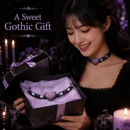 Halloween Gothic Choker Necklace for Women Black Lace Choker Purple Heart Pendant Adjustable Halloween Costume Jewelry Party Accessories - color: B: pink lace