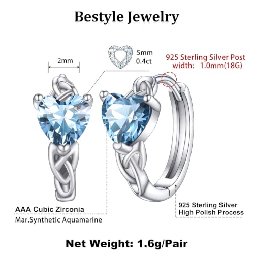 Bestyle 925 Sterling Silver Huggie Hoop Earrings Small Birthstone Hoop Earrings for Women Hypoallergenic Silver Huggie Earring,Great Birthday Earrings Gift for Daughter Wife Mom - color: 03-Blue Aquamarine-Hoop