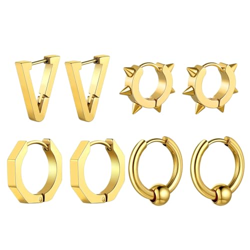 ChainsHouse Stud Earrings for Men Women,316L Stainless Steel/14K Gold/Black Plated Metal, Punk Hypoallergenic Surgical Huggie Hoop Earrings Mens Jewelry Piercing Hoop Earrings - style: F: Gold-Different Disign(4 Pairs)
