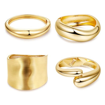 Chunky Gold Bangles Bracelets for Women, 14k Gold Plated Hinged Big Stackable Bangles Set, Trendy Wide Statement Cuff Bracelets Stack Fashion Jewelry Gifts - color: Gold-4pcs-Styles-1